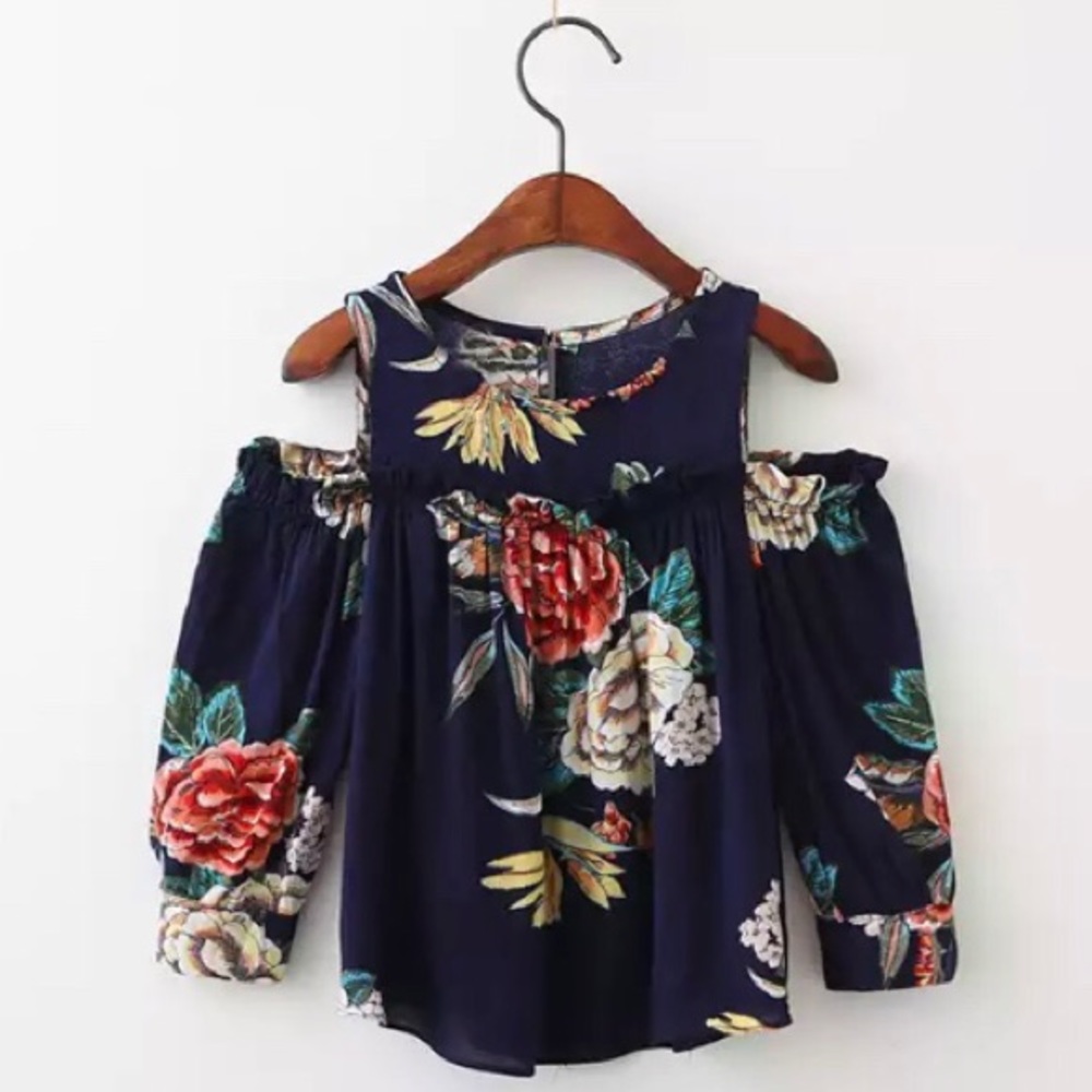 Girls Dark Blue Floral Split Shoulder Spring Top